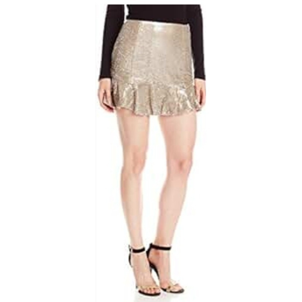 Free People Glam Micro Mini Skirt‎ Sz 2 Showgirl Gold NYE Vegan Leather Glitter